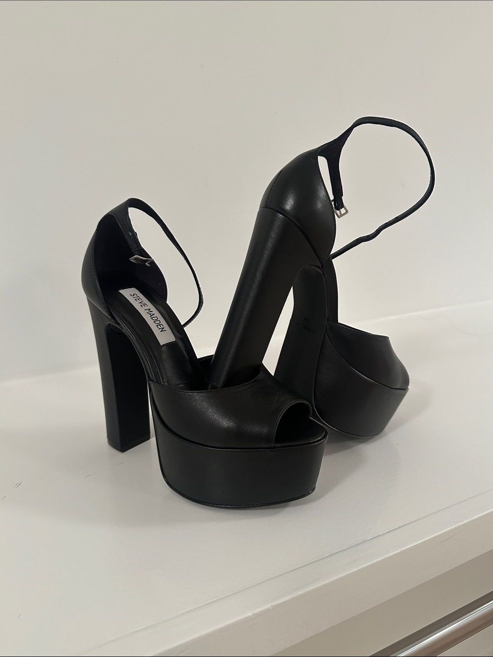 Steve Madden Black Leather Platform Peep-Toe Ankle Strap Heels